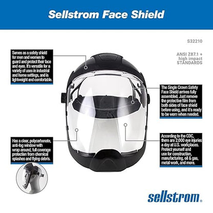 Sellstrom DP4 Face Shield - Lightweight Mask with High Impact Chin Guard, Crown & Ratchet Headgear for Work, Grinding, Cutting - ANSI Z87.1 - Anti Fog Polycarbonate Window