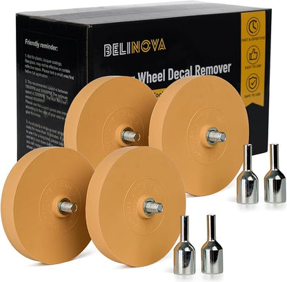 Belinova 4 Pack 3.5 inch Eraser Wheel Decal Remover Eraser Wheel Adhesive Remover with Adapter Rubber Eraser Wheel for Drill Solid Decal Vinyl Tape Graphics Pinstripe Sticker Remover