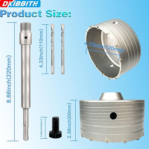 4-3/4" Concrete Hole Saw, 120mm Tungsten Steel Core Bit for Cinder Block, Brick, Rock, Plank Walls for Pipes or mini Split Lines, with SDS Plus Shank and 2 Center Positioning Drill Bits.