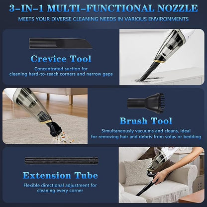 XGJUCE Handheld Vacuum Cordless,Car Vacuum Portable Cordless Rechargeable with led Light, 6kpa Strong Suction with Three Types of Suction Heads and Filters for car/Home/Office Cleaning