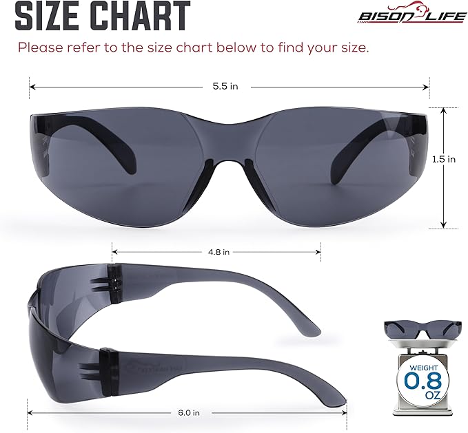 BISON LIFE Safety Glasses - Scratch Resistant Wrap Around Eyewear, Polycarbonate ANSI Z87.1 Impact Resistant Lens