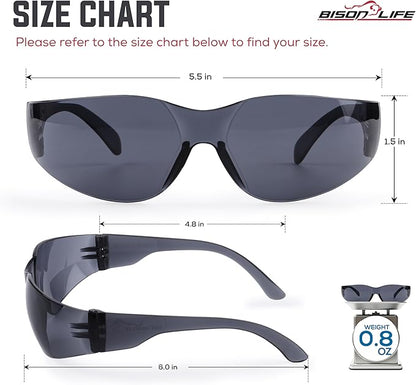 BISON LIFE Safety Glasses - Scratch Resistant Wrap Around Eyewear, Polycarbonate ANSI Z87.1 Impact Resistant Lens