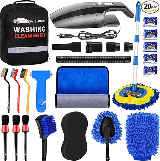 LIANXIN Car Cleaning Kit Car Wash Kit with High Power Handheld Vacuum Automobile Detailing Brush Kits Microfiber Towels Tire Brush Washing Mitt Sponge Safety Hammer Cleaning Wash Kits