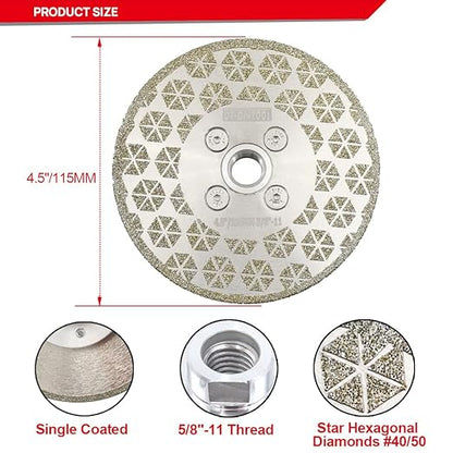 DT-DIATOOL Diamond Blade 4.5" x 5/8" Thread Flange 2-Pack - Single Side Electroplated Diamond Cutting and Grinding Disc for Granite Marble Natural Stone Tiles
