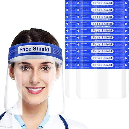 EYEGLASSTOR 20 Pcs Face Shield, Anti-Fog Clear Full Face Shield Mask - Adjustable Headband & 12.52 Inch Extended Coverage, Reusable PET Plastic PPE Splash Proof Face Protection