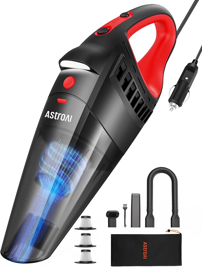 AstroAI Car Vacuum Cleaner, Portable Handheld Vacuum and Car Accessories, 16.4 Ft Cord-12V DC Power, LED Light, w/3 Attachments，Auto Accessories Kit for Interior Detailing for Quick Cleaning (Red)