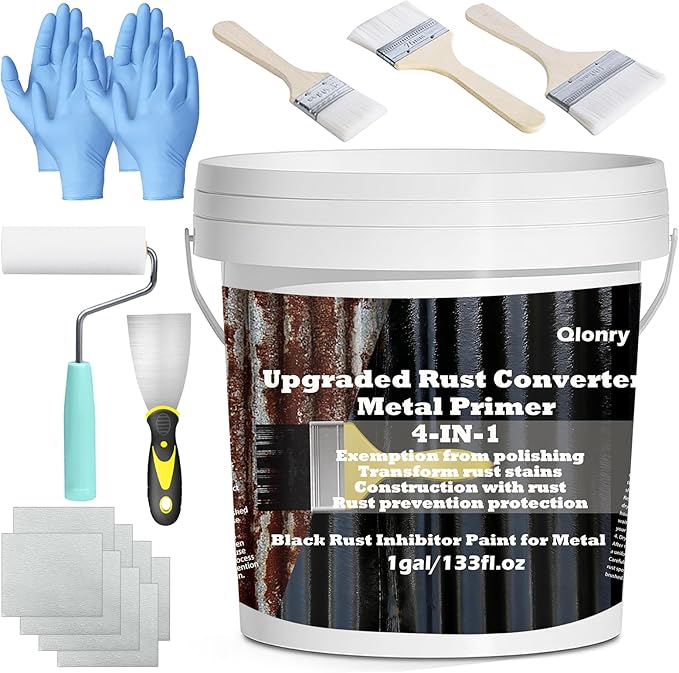 Qlonry 4-in-1 Upgraded Rust Converter & Metal Primer,1Gal/133Fl.oz Black Rust Inhibitor Paint for Metal, Heat Resistance & UV Resistant Automotive Water Based Rust Reformer Rust Paint