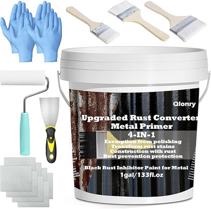 Qlonry 4-in-1 Upgraded Rust Converter & Metal Primer,1Gal/133Fl.oz Black Rust Inhibitor Paint for Metal, Heat Resistance & UV Resistant Automotive Water Based Rust Reformer Rust Paint
