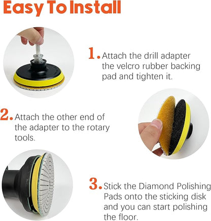 Konvixon Diamond Polishing Pads Set Wet/Dry Quartz Polishing Kit, Granite Stone Concrete Marble Tile Polish Pads for Grinder, 12Pcs 4 in 50#-8000# Grit Pads with Hook, Loop Backer and Drill Adapter