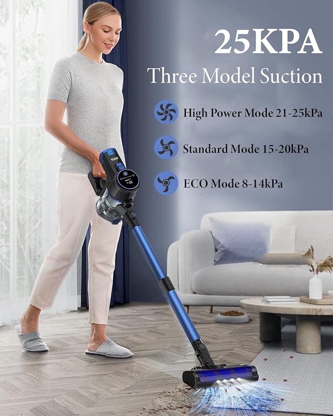 VYKLO V8 Cordless Vacuum Cleaner, Powerful Suction Stick Vacuum, 55Mins Runtime, Wireless Lightweight Handheld Vacuum Cleaner for Home, Hardwood Floor, Carpet, Car, Pet Hair Cleaning (Blue)