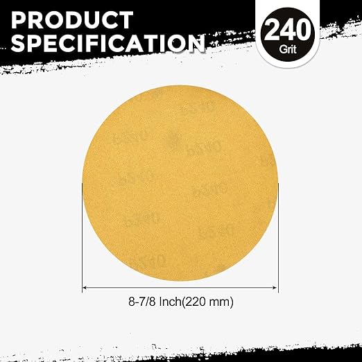 Kozelo 50 Pcs Sanding Discs 8-7/8 Inch 240 Grit Hook and Loop Random Orbital Sandpapers Suitable for Drywall Sander Wood Metal Furniture, Yellow