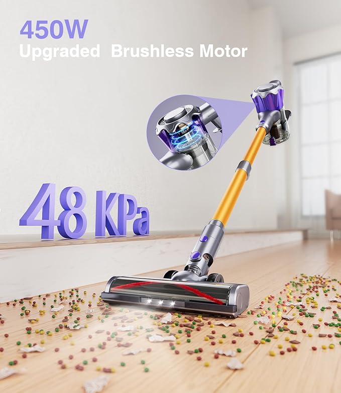 MBYULO Cordless Vacuum Cleaner, 450W 48Kpa Powerful Stick Vacuum, Up to 70Mins Rechargeable Battery, Vacuum Cleaners for Home Anti-Tangled Lightweight Handheld for Hardwood Floor, Carpets, Pet Hair
