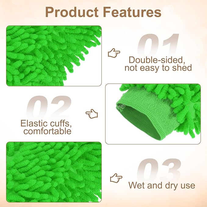 HARFINGTON 2pcs Chenille Microfiber Car Wash Mitts 9.8" x 7.9" Scratch Free Wash Gloves Absorbent Double Sided Plush Cleaning Drying Mitts for Car Washing Home Green