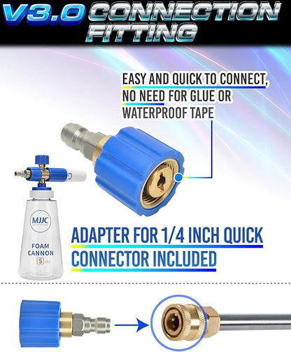 MJJC Foam Cannon S V3.0 (Thicker Snow Foam Technology) with 1/4 Inch Quick Connector for Pressure Washer, 34 oz Bottle (V3.0 (1/4" Quick Connector) + SOAP Sample)