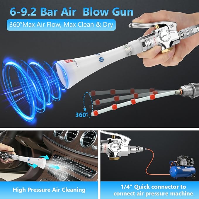 MYPIN Upgraded Car Cleaning Gun, 6-9.2Bar, High Pressure Air Blow Gun with 2 Set Nozzle, Interior Car Cleaning for Vehicle Upholstery Carpet Seat