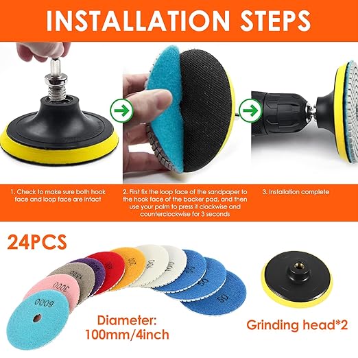 24pcs Diamond Polishing Pads Kit 4 Inch 100mm Round Sanding Discs Wet Dry Grinding Wheels Set Diamond Sandpaper for Diamond Granite Stone Concrete Marble