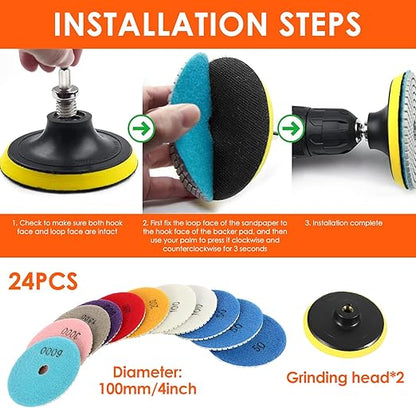 24pcs Diamond Polishing Pads Kit 4 Inch 100mm Round Sanding Discs Wet Dry Grinding Wheels Set Diamond Sandpaper for Diamond Granite Stone Concrete Marble