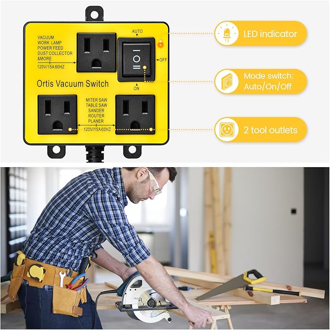 Automatic Vacuum Switch, Ortis Vacuum Switch for More Power Tools, Delay Vacuum On/Off to Prevent Circuit Overload and Tripping, Keep Your Workplace Cleaner, Better for Your Lung