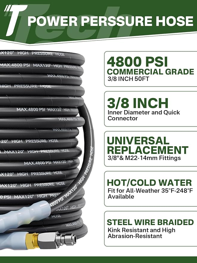 3/8" 4800PSI Pressure Washer Hose 50FT with Swivel Quick Connect for Cold/Hot Water Max 248°F, Kink Resistant Steel Wire Braided, Wear Resistant Power Washer Hose with M22 14mm Adapter