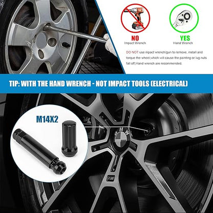 JiiinMiiin 24pcs M14x2.0 Lug Nuts Black with 7 Spline Tuner, 14x2 Locking Lugnut 2 inch Length with 1 Socket Key, 60 Degree Conical/Cone Bulge Seat Closed End.