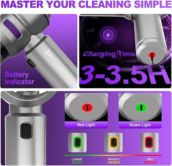 KedeeSparkle Handheld Car Vacuum Cleaner, 4-in-1 Cordless Vacuum Cleaner, 22000PA High Power Portable Car Vacuum with Brushless Motor, for Home, Office, Camping (Silver Purple)