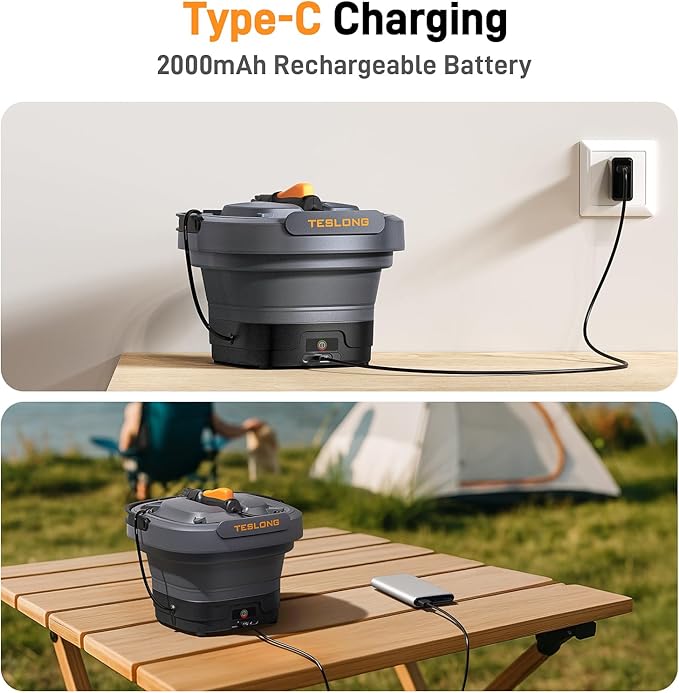 Teslong Portable Electric Pressure Washer with 12L Tank, Foldable Design, 4-in-1 Nozzle, Type-C Charging, 10L Water Storage Bag, Cordless Power Washer for Outdoor Camping, Gardening, and Pet Grooming