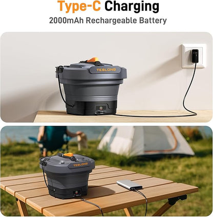 Teslong Portable Electric Pressure Washer with 12L Tank, Foldable Design, 4-in-1 Nozzle, Type-C Charging, 10L Water Storage Bag, Cordless Power Washer for Outdoor Camping, Gardening, and Pet Grooming
