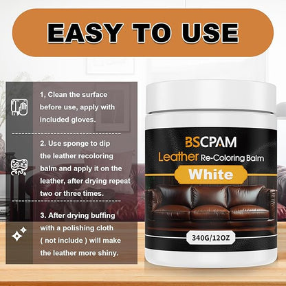BSCPAM White Leather Recoloring Balm, 12oz Leather Color Restorer for Couches, Leather Repair Kit for Furniture, Leather Dye for Leather Fade, Leather Repair Restore car seat