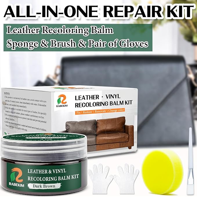 RABEKIM Dark Brown Leather Repair Kit, Leather Recoloring Balm – Restore & Repair Faded Leather on Couches, Car Seats, Shoes & Furniture | Leather Color Restorer & Conditioner | Easy DIY Application