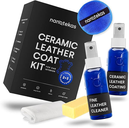 Nanotekas Leather Cleaner & Ceramic Coating Spray Kit: Long-Lasting Leather Protector for Tesla Vegan Leather, Car Seats, Furniture and Shoes – Universal Nano Ceramic Shield to Repel Dirt and Liquids