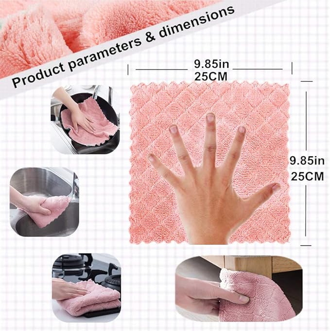 QURIPE 10-Pack Microfiber Cleaning Cloth Dish Towels, Double-Sided Dish Drying Towels，Reusable Household Cleaning Cloths for House Furniture Table Kitchen Dish Window Glasses