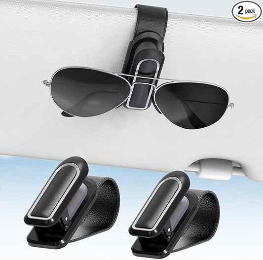 Veharvim Sunglass Holder for Car (One-Handed-Operation, Gentle & Secure Hold, Silicone Padded, Universal Fit, Metal Clip) Visor Sunglass Holder Clip,Visor Sunglass Holder Car (Black & Silver, 2 Pack)