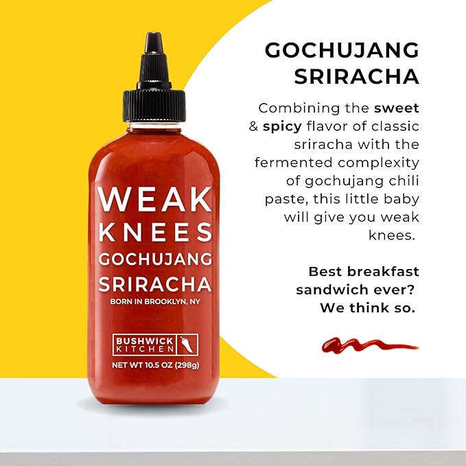 Weak Knees Gochujang Sriracha Hot Sauce, Infused with Bold Korean Gochujang Paste & Classic Spicy Sriracha, Made in the USA, 10.5oz Squeeze Bottle