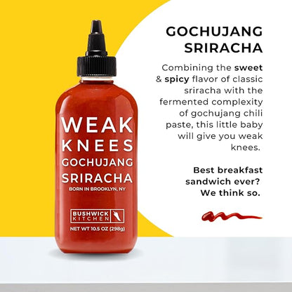 Weak Knees Gochujang Sriracha Hot Sauce, Infused with Bold Korean Gochujang Paste & Classic Spicy Sriracha, Made in the USA, 10.5oz Squeeze Bottle