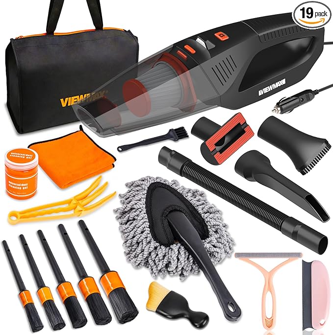 Car Cleaning Kit 19Pcs, Car Interior Detailing Kit with 12000PA High Power Handheld 12V Corded Vacuum, Detailing Brush Set, Cleaning Gel, Complete Car Wash Kit with Storage Bag for Men & Women
