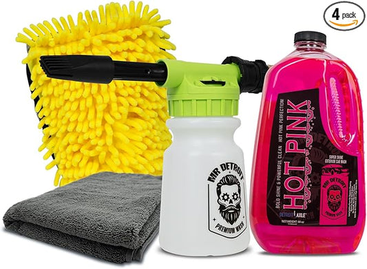 Mr. Detroit - 4pc Car Wash Kit with Foam Blaster, 64oz Car Wash Soap, Chenille Car Wash Glove, Drying Towel, Scratch-Free Foam Cannon Streak-Free Exterior Cleaning for Auto Detailing & Home Use