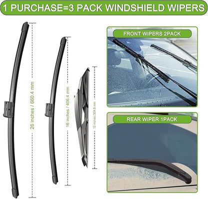 PARRATI® Windshield Wipers for Subaru Impreza 2017-2023,26"+16" Front and 12" Rear,OEM Replacement Wiper Blades,Quiet & Streak-Free(Set of 3)