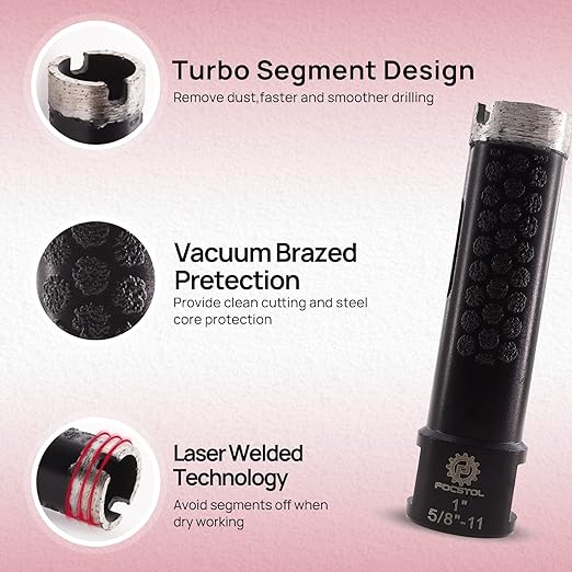 Diamond Core Drill Bit - FOCSTOL 1''(25mm) Laser Welded Hole Saw for Dry or Wet Drilling Granite Marble Concrete Quartz 5/8''-11 Thread