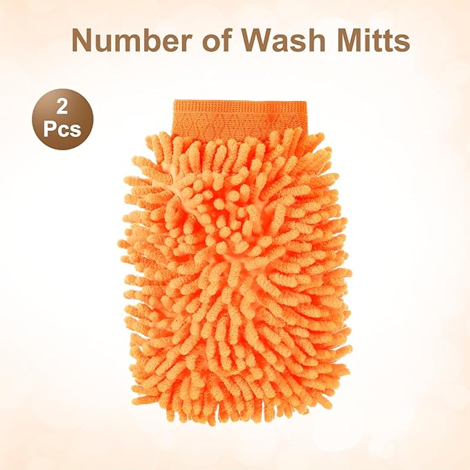 HARFINGTON 2pcs Chenille Microfiber Car Wash Mitts 9.8" x 7.9" Scratch Free Wash Gloves Absorbent Double Sided Plush Cleaning Drying Mitts for Car Washing Home Orange Yellow