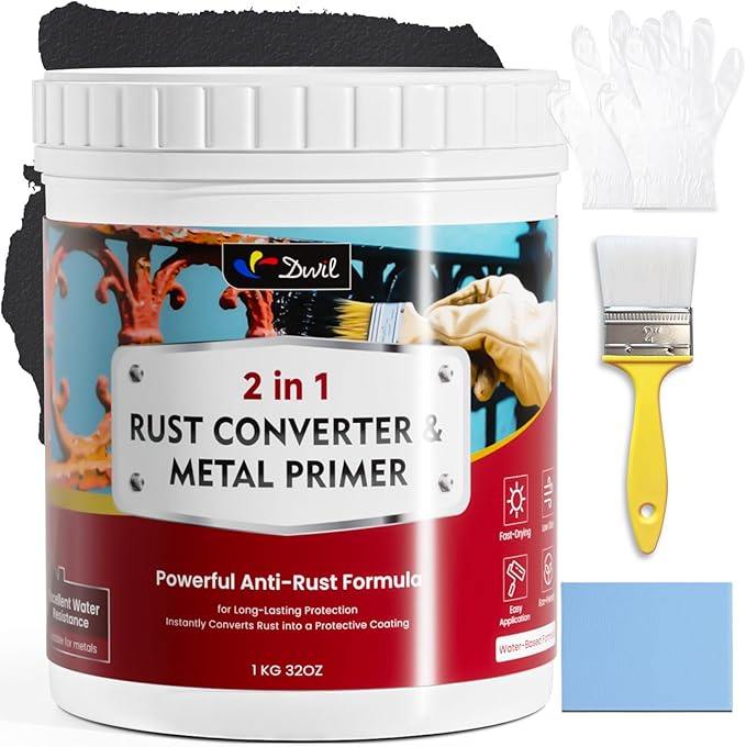 DWIL Rust Converter for Metal, 2 in 1 Rust Converter Paint and Primer, Converts Rust to Long-Lasting Protective Coating, Anti Rust and Rust Prevention Paint, No Sanding or Primer Needed, Black, 32 oz