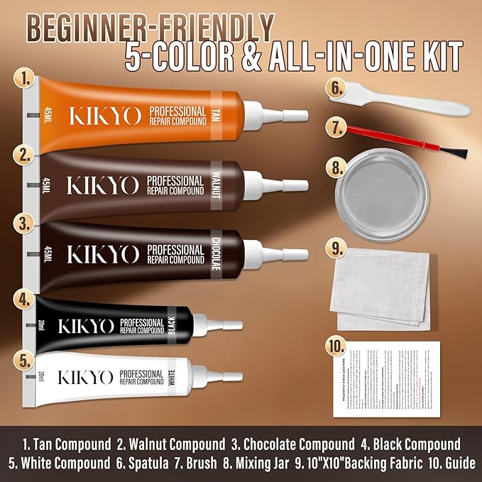 KIKYO Brown Leather Repair Kit, Artificial Leather Couch Repair Kit for Furniture, Chair, Sofa, Jacket, Purse, Belt, Color Match Repair Kit for Scratches, Tears, Holes on Vinyl, Genuine & Faux Leather