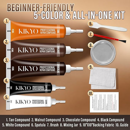 KIKYO Brown Leather Repair Kit, Artificial Leather Couch Repair Kit for Furniture, Chair, Sofa, Jacket, Purse, Belt, Color Match Repair Kit for Scratches, Tears, Holes on Vinyl, Genuine & Faux Leather