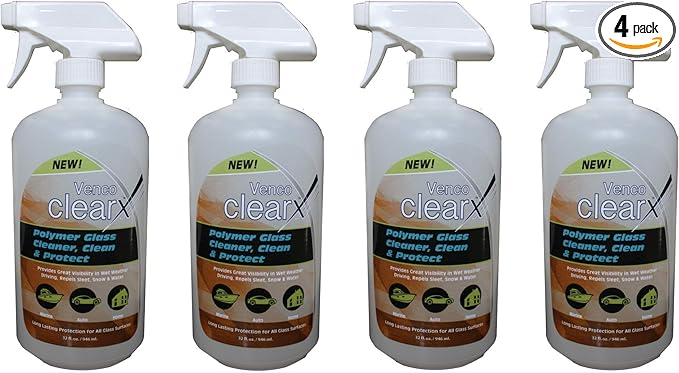 Venco Clear X - Polymer Glass Cleaner, Cleans and Protect (32oz Bottles, 4 pack – 1Gl per Box)