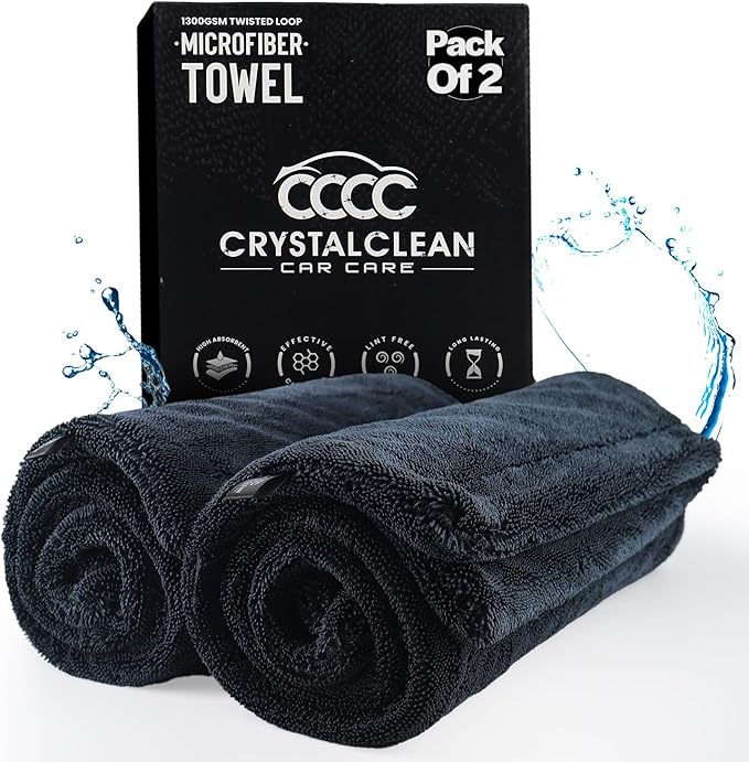 Crystal Clean 1300GSM Microfiber Towels for Cars – XL Drying Towel with Double Twisted Loop, Professional Detailing Towel Car Detailers - Quick Dry, Paint Safe & Swirl-Free (2 Pack Grey)