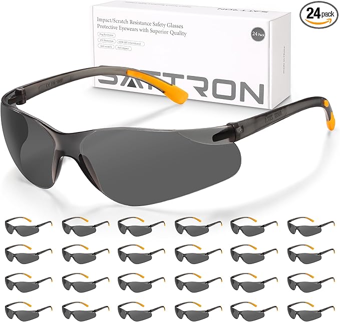 SATTRON Tinted Safety Glasses Bulk 24 Pack, UV Protective Safety Sunglasses for Men Women, ANSI Z87.1 Scratch & Impact Resistant Eye Protection, Ideal for Construction, Shooting, Lab