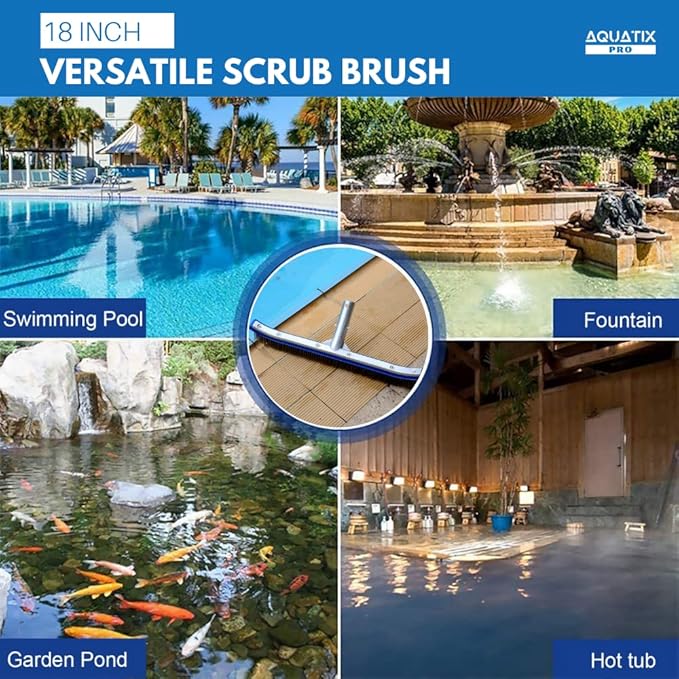 Aquatix Pro Pool Brush Head, 18" Heavy Duty for Cleaning Walls & Floors, Stainless Steel Bristles, Reinforced Aluminum Back, Curved Ends for Corners, EZ Clip, Swimming Pool Brushes for Tiles & Steps