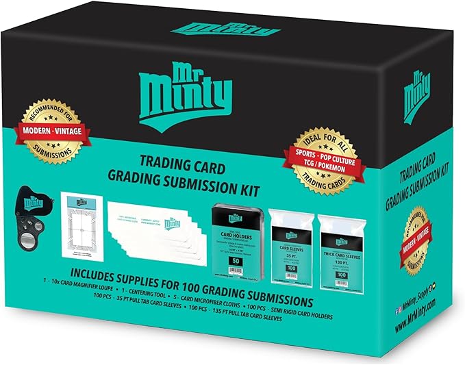 Card Grading Kit | Card Cleaning Kit | 20x Magnifier, Centering Tool, Microfiber Cloths, 300 Sleeves & Holders for Sports & TCG | Substance Free.