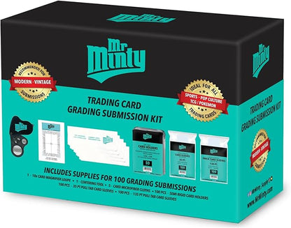 Card Grading Kit | Card Cleaning Kit | 20x Magnifier, Centering Tool, Microfiber Cloths, 300 Sleeves & Holders for Sports & TCG | Substance Free.