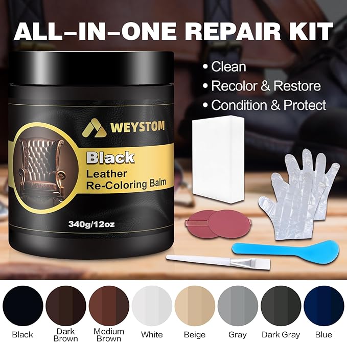 WEYSTOM Leather Recoloring Balm, 12oz Large Size Leather Dye, Color Restorer, Scratch Repair, Furniture & Couch Restorer Kit, Repair Kit for Furniture(Black)