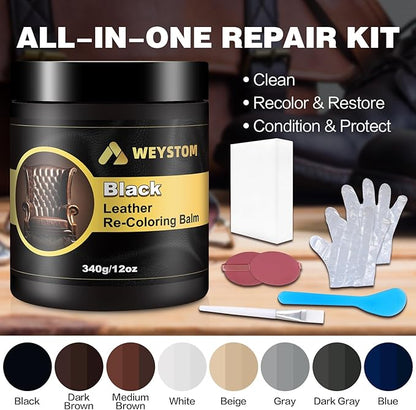 WEYSTOM Leather Recoloring Balm, 12oz Large Size Leather Dye, Color Restorer, Scratch Repair, Furniture & Couch Restorer Kit, Repair Kit for Furniture(Black)